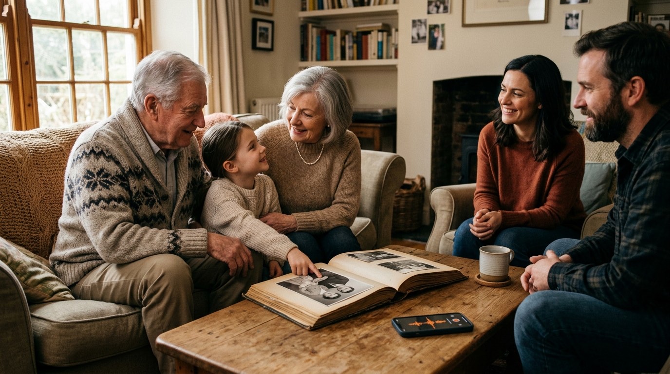 A family gathered around an old photo album